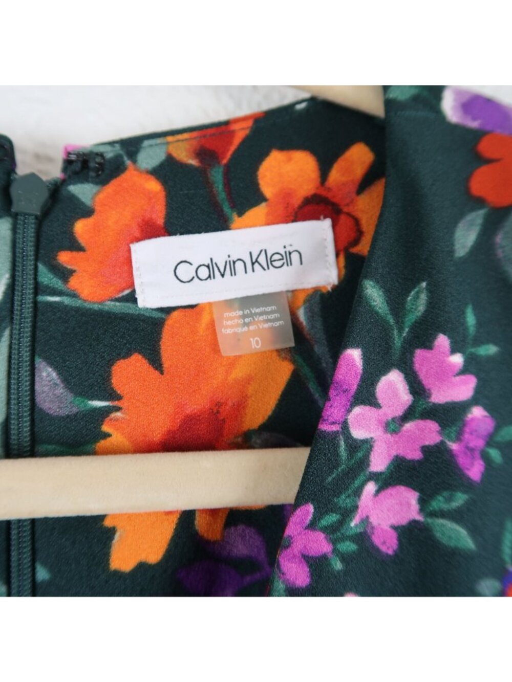 Calvin Klein 10 Floral Wrap Midi Dress Green Purple Orange Long Sleeve Fit Flare - Picture 3 of 6